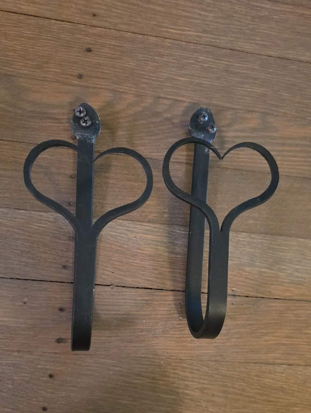 Pair of Black Vintage Heart Forged Iron Wall Hooks